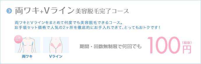 両ワキ+Vライン美容脱毛完了コース|両ワキとVラインをまとめて何度でも美容脱毛できるコース。お手頃セット価格で人気の2ヶ所を徹底的にお手入れできて、とってもおトクです!|期間・回数無制限で100円(税抜)
